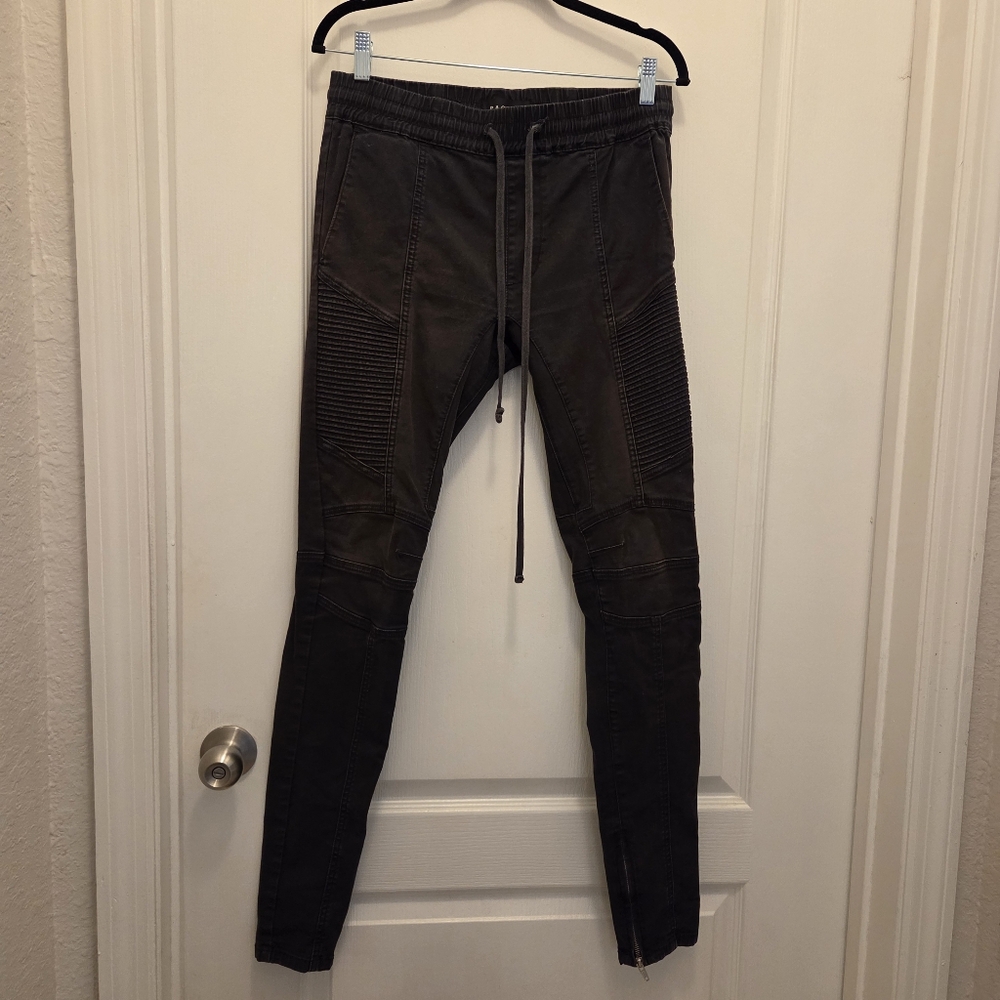 PACSUN black jeans ribbed knee panels drawstring pull on size S Small leg zipper